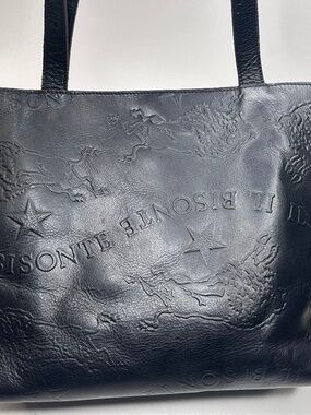 IL BISONTE Tote Bag Shoulder Bag Black Leather RARE Embossed